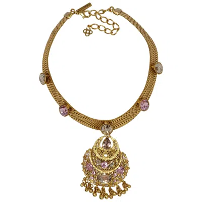 Pre-owned Oscar De La Renta Jeweled Collar Necklace In Gold, Rose And Topaz Crystals In Red