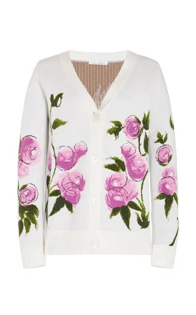 Oscar De La Renta Floral Jacquard Cardigan In Ivory