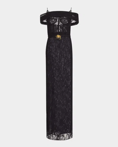 Oscar De La Renta Lace Cold-shoulder Belted Column Gown In Black