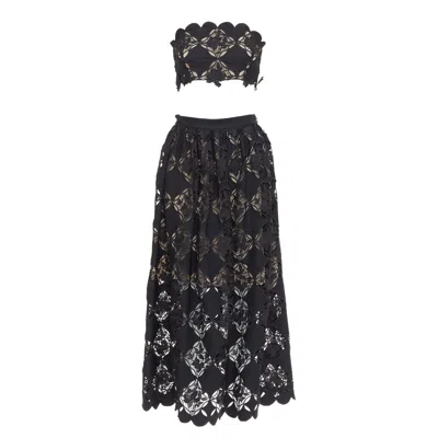 Pre-owned Oscar De La Renta Lace Crop Top Midi Skirt Dress Set In Black