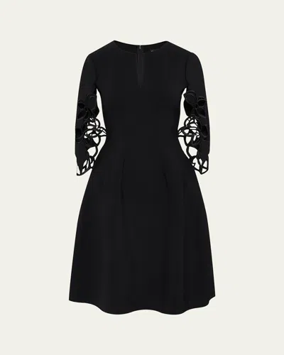 Oscar De La Renta Orchid Sleeve Split-neck Dress In Black