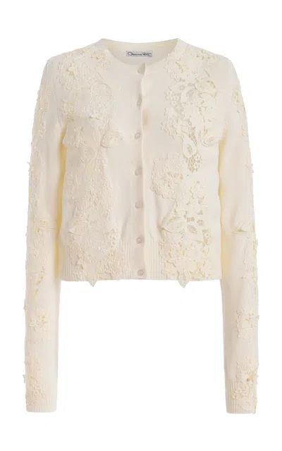 Oscar De La Renta Lace-insert Wool Cardigan In White