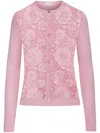 Oscar De La Renta Floral Guipure Inset Long-sleeve Crewneck Cardigan In 粉色