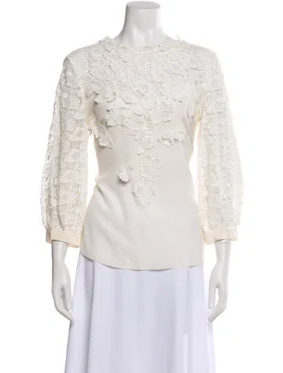 Pre-owned Oscar De La Renta Lace Pattern Crew Neck Blouse In Neutral