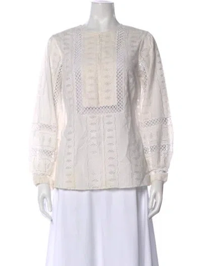 Pre-owned Oscar De La Renta Lace Pattern Crew Neck Blouse In White