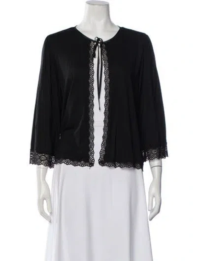 Pre-owned Oscar De La Renta Lace Pattern Crochet Trim Robe In Black