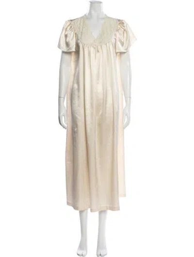 Pre-owned Oscar De La Renta Lace Pattern Lace Trim Embellishment Nightgown In Neutrals