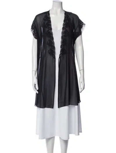 Pre-owned Oscar De La Renta Lace Pattern Lace Trim Embellishment Robe In Black