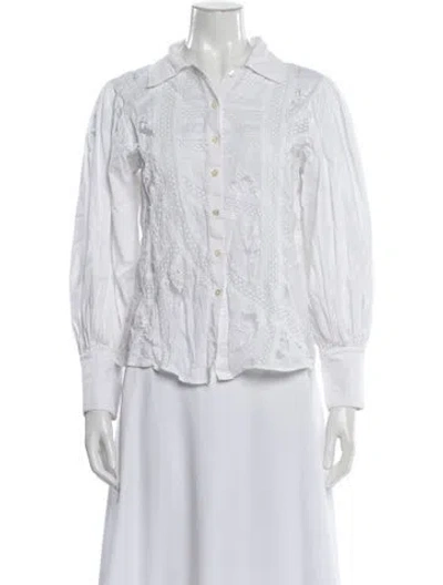 Pre-owned Oscar De La Renta Lace Pattern Long Sleeve Blouse In White