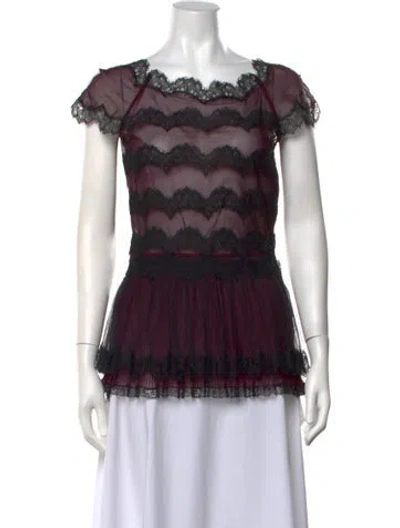 Pre-owned Oscar De La Renta Lace Pattern Square Neckline Blouse In Purple