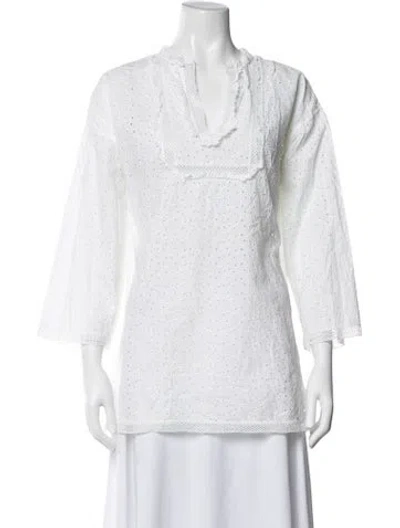 Pre-owned Oscar De La Renta Lace Pattern V-neck Blouse In White