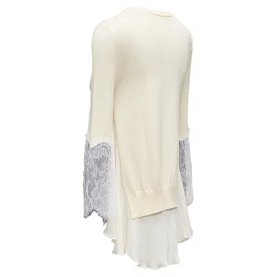 Oscar De La Renta Lace Sleeve Chiffon Insert Hi Low Hem Sweater In White