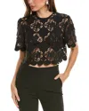 Oscar De La Renta Short Sleeve Jewel Neck Gardenia Guipure Eyelet Blouse In Black