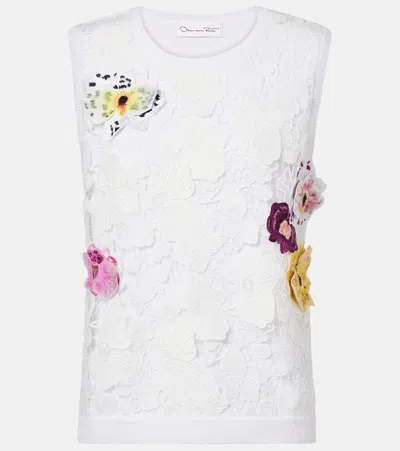 OSCAR DE LA RENTA LACE-TRIMMED FLORAL-APPLIQUE COTTON-BLEND TOP
