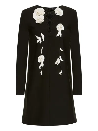 Oscar De La Renta Lace-up Floral Mini Dress In Black