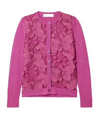 Oscar De La Renta Guipure Lace-paneled Silk-blend Cardigan In Pink