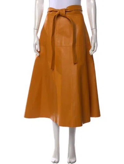 Pre-owned Oscar De La Renta Lamb Leather Midi Length Skirt W/ Tags In Yellow