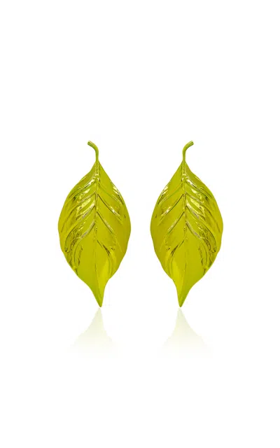 Oscar De La Renta Large Metallic Green Leaf Clip-on Earrings In Green