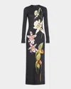 Oscar De La Renta Orchid Long Sleeve Jersey Dress In Navy Multi