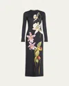 Oscar De La Renta Orchid Long Sleeve Jersey Dress In Navy Multi