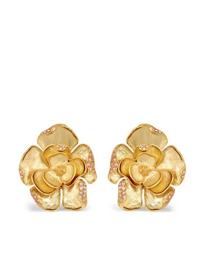 Oscar De La Renta Large Pavé Rose Clip-on Earrings In Gold