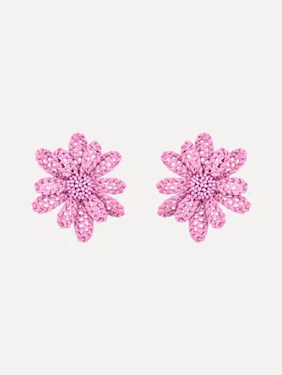 Oscar De La Renta Large Woven Raffia Flower Earrings In Pink
