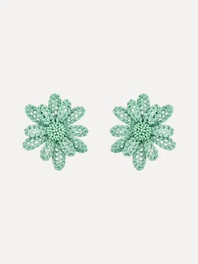 Oscar De La Renta Large Woven Raffia Flower Earrings In Green