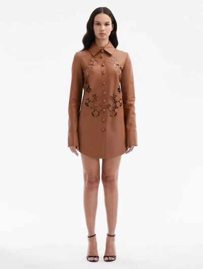 Oscar De La Renta Laser-cut Floral Leather Shirt Dress In Brown