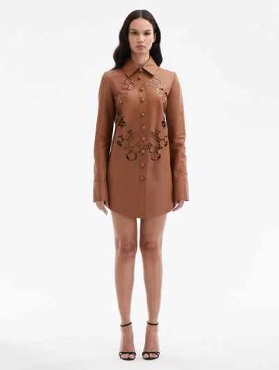 Oscar De La Renta Laser-cut Floral Leather Shirt Dress In Cognac