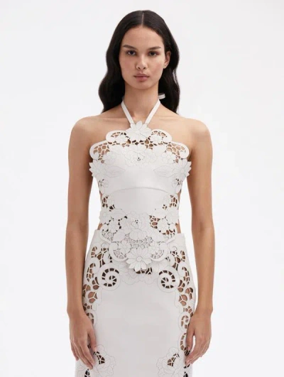 Oscar De La Renta Laser Cut Floral Leather Halter Top In White