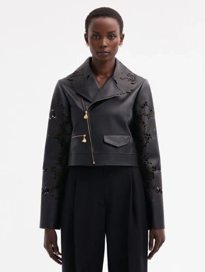 Oscar De La Renta Laser Cut Floral Leather Jacket In Black