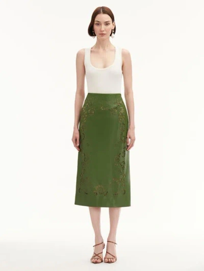 Oscar De La Renta Laser Cut Floral Leather Pencil Skirt In Fern