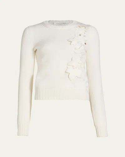 Oscar De La Renta Laser Cut Ivy Crewneck Sweater In White
