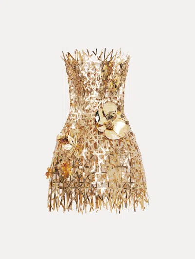 Oscar De La Renta Lattice Embroidered Mini Dress In Gold