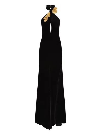Oscar De La Renta Leaf-embellishment Velvet Gown In Black