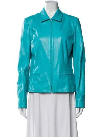 Pre-owned Oscar De La Renta Leather Biker Jacket In Blue