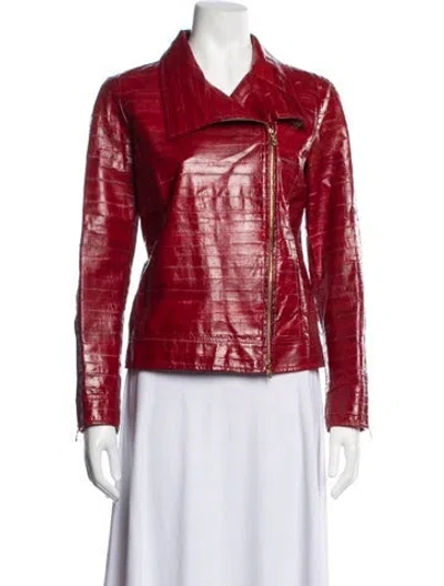 Pre-owned Oscar De La Renta Leather Biker Jacket In Red