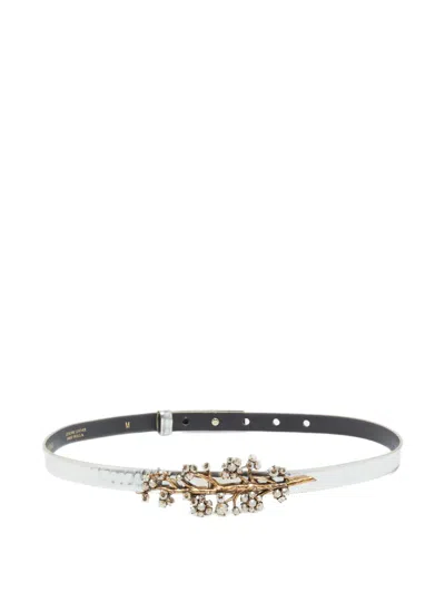 Pre-owned Oscar De La Renta Leather Crystal Belt In Silver