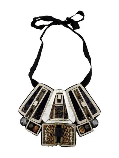 Pre-owned Oscar De La Renta Leather, Fabric, Crystal And Resin Collar Necklace, 43" In Multi