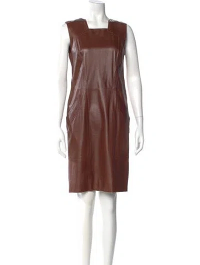 Pre-owned Oscar De La Renta Leather Knee-length Dress In Brown