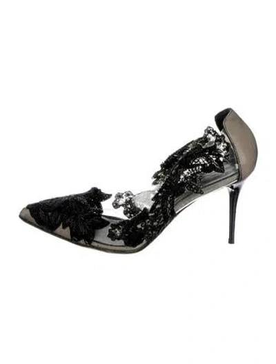 Pre-owned Oscar De La Renta Leather Lace Pattern Pumps In Black/clear
