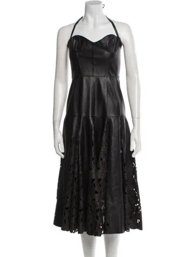 Pre-owned Oscar De La Renta Leather Midi Length Dress In Black