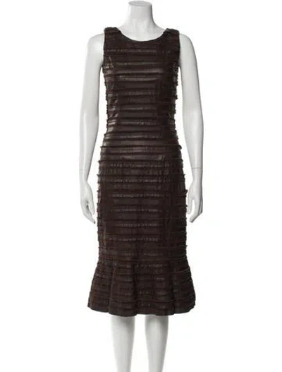 Pre-owned Oscar De La Renta Leather Midi Length Dress In Brown