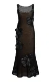 Oscar De La Renta Leather-trimmed Crocheted Cotton Midi Dress In Black