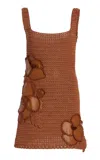 Oscar De La Renta Leather-trimmed Crocheted Cotton Mini Dress In Brown