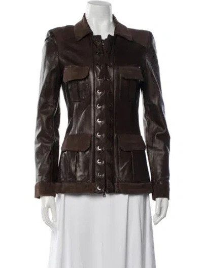 Pre-owned Oscar De La Renta Leather Utility Jacket In Brown