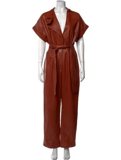 Pre-owned Oscar De La Renta Leather V-neck Jumpsuit In Brown