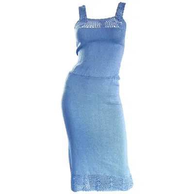 Pre-owned Oscar De La Renta Light Blue Knit Crochet Vintage Sleeveless Dress, 1970s