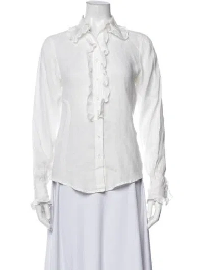 Pre-owned Oscar De La Renta Linen Long Sleeve Blouse In White