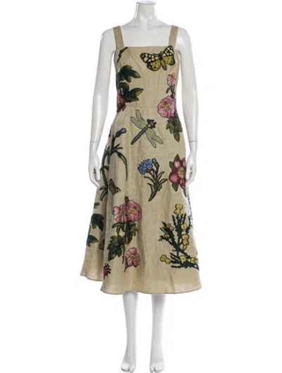 Pre-owned Oscar De La Renta Linen Midi Length Dress In Neutral